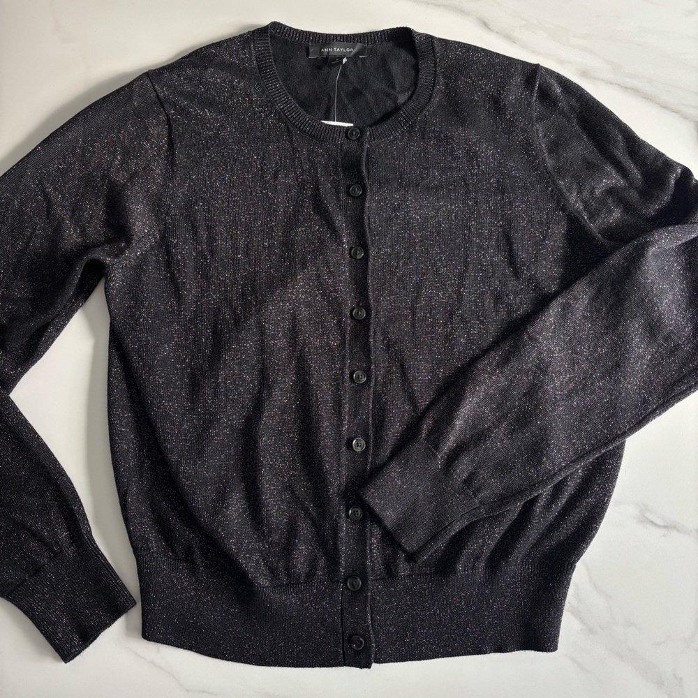 Ann Tailor Black Sparkle Button-Up Cardigan Medium